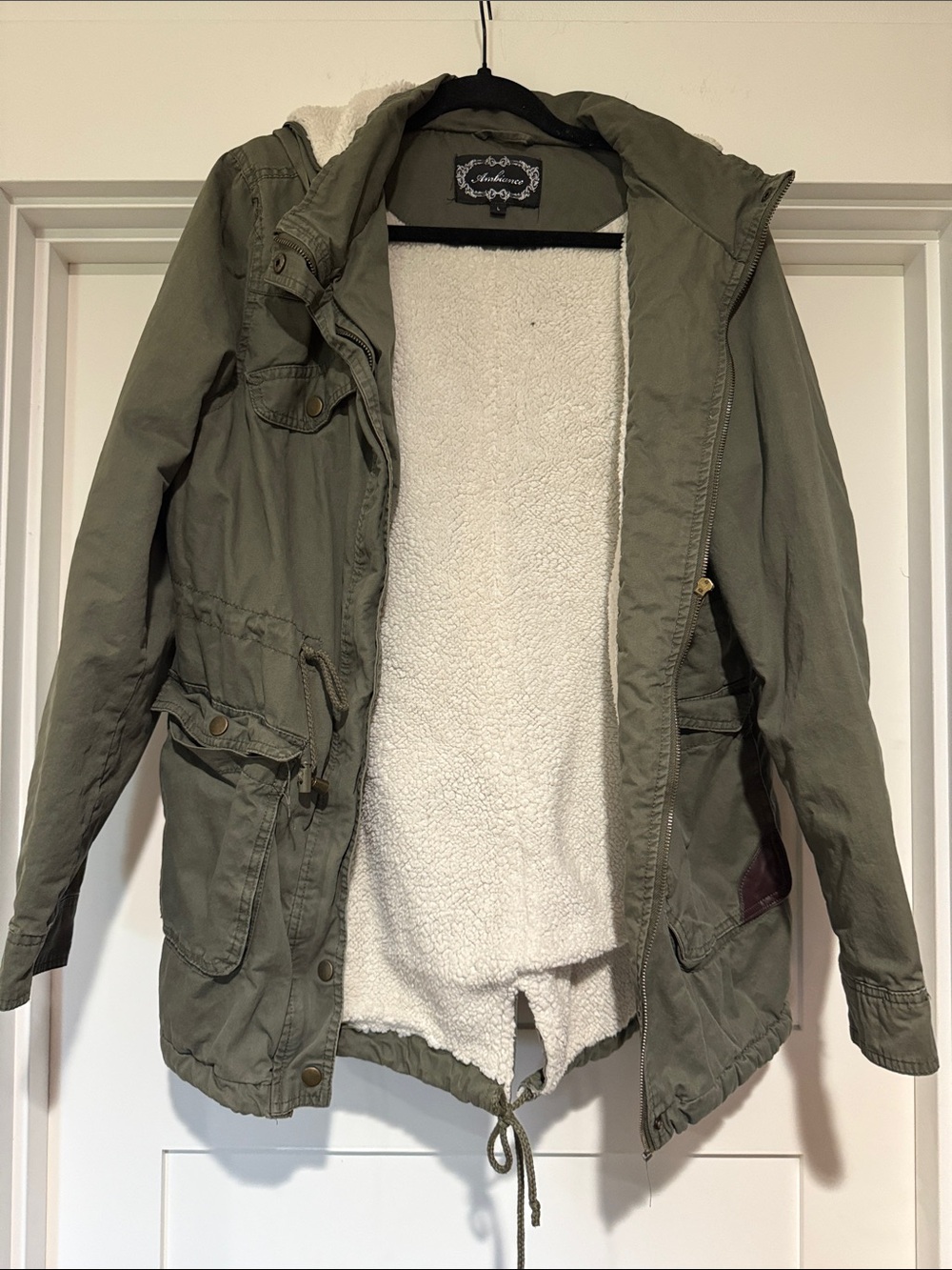 Ambiance Olive Green Military Field Jacket with White Sherpa Lining